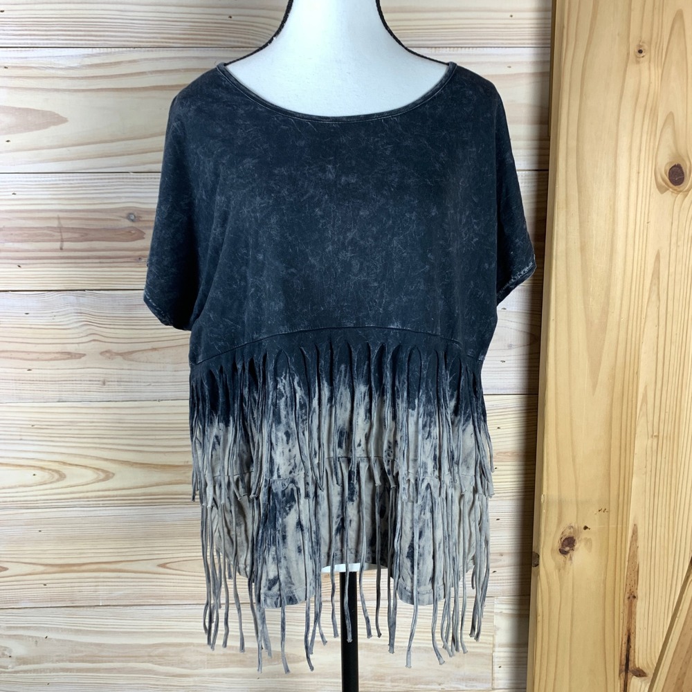 Petrol Top Womens L Gray Tan Acid Wash Fringe Hem Western Boho Festival